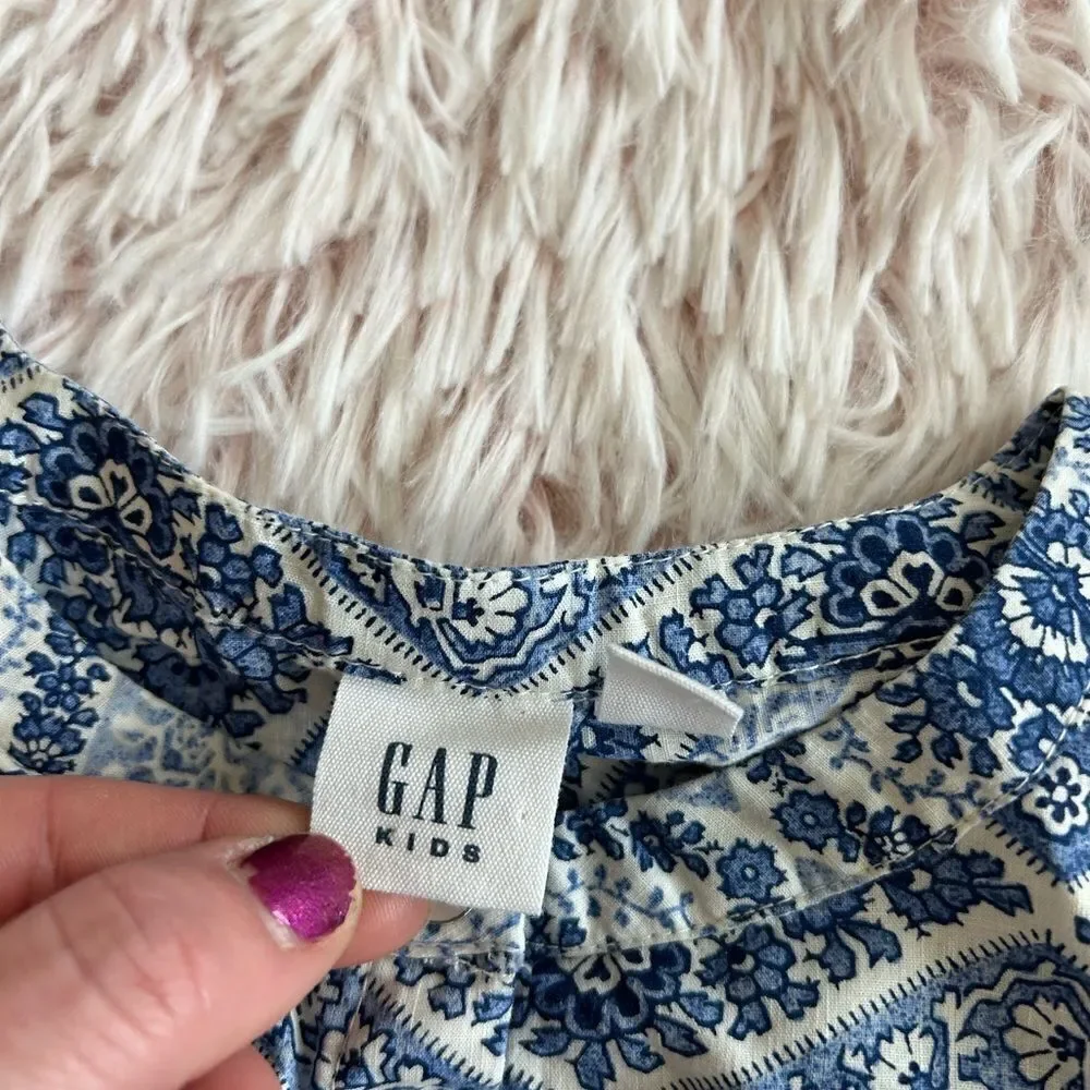 Gaps Kids Blue Off White Floral Paisley Chevron 100% Cotton Button Up Dress XS 4